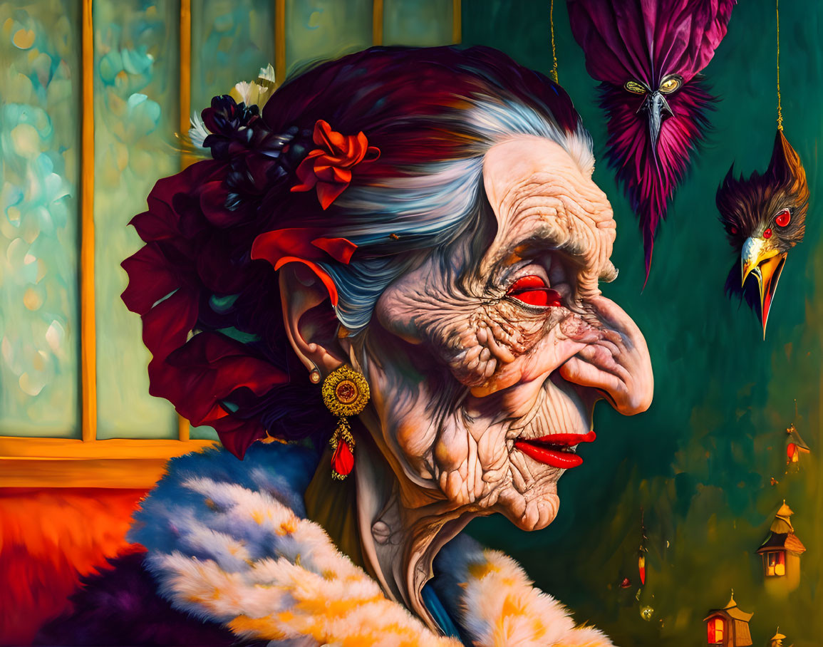 Vibrant painting of older woman with red flower and bird