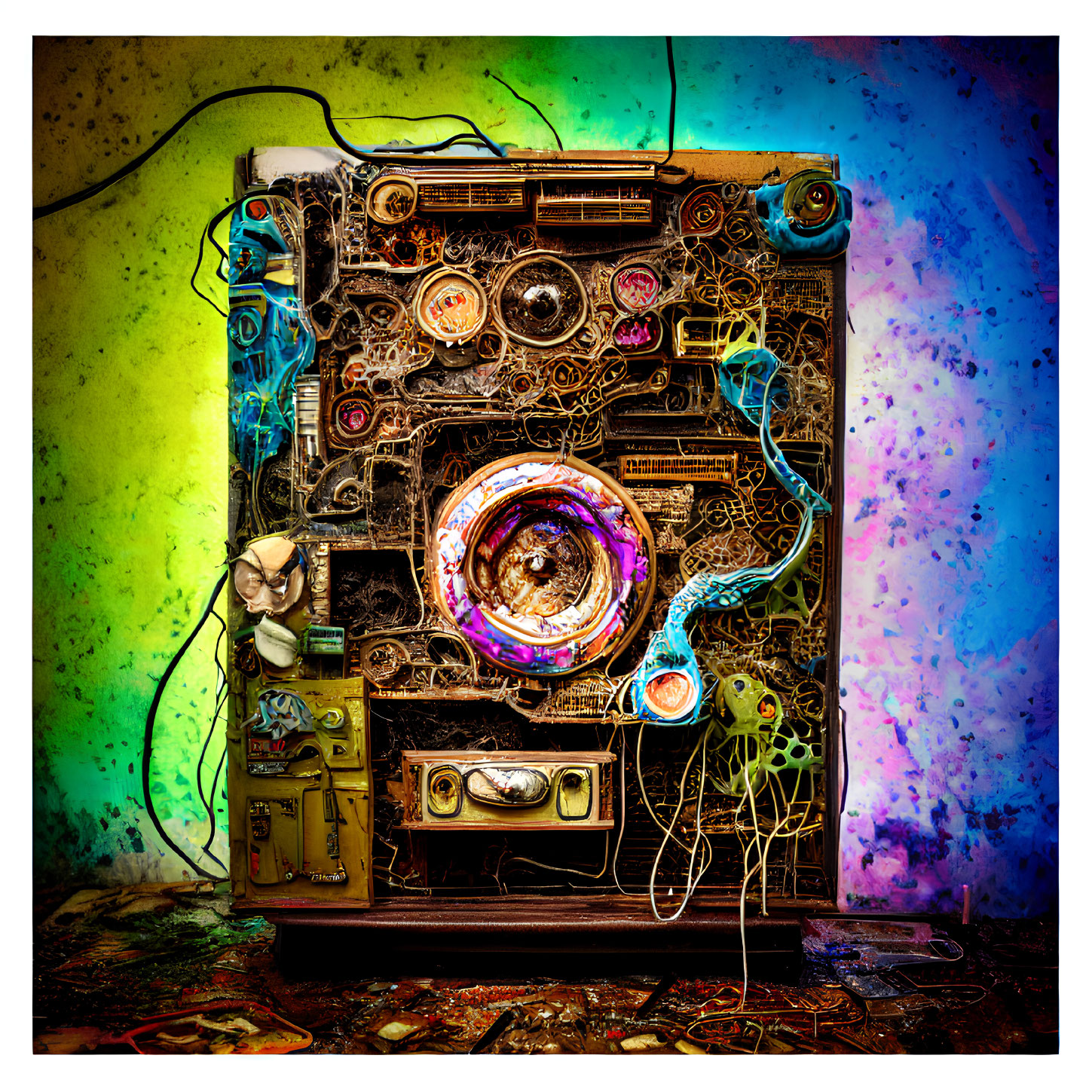 Colorful Abstract Machine with Mechanical Parts on Splattered Paint Background