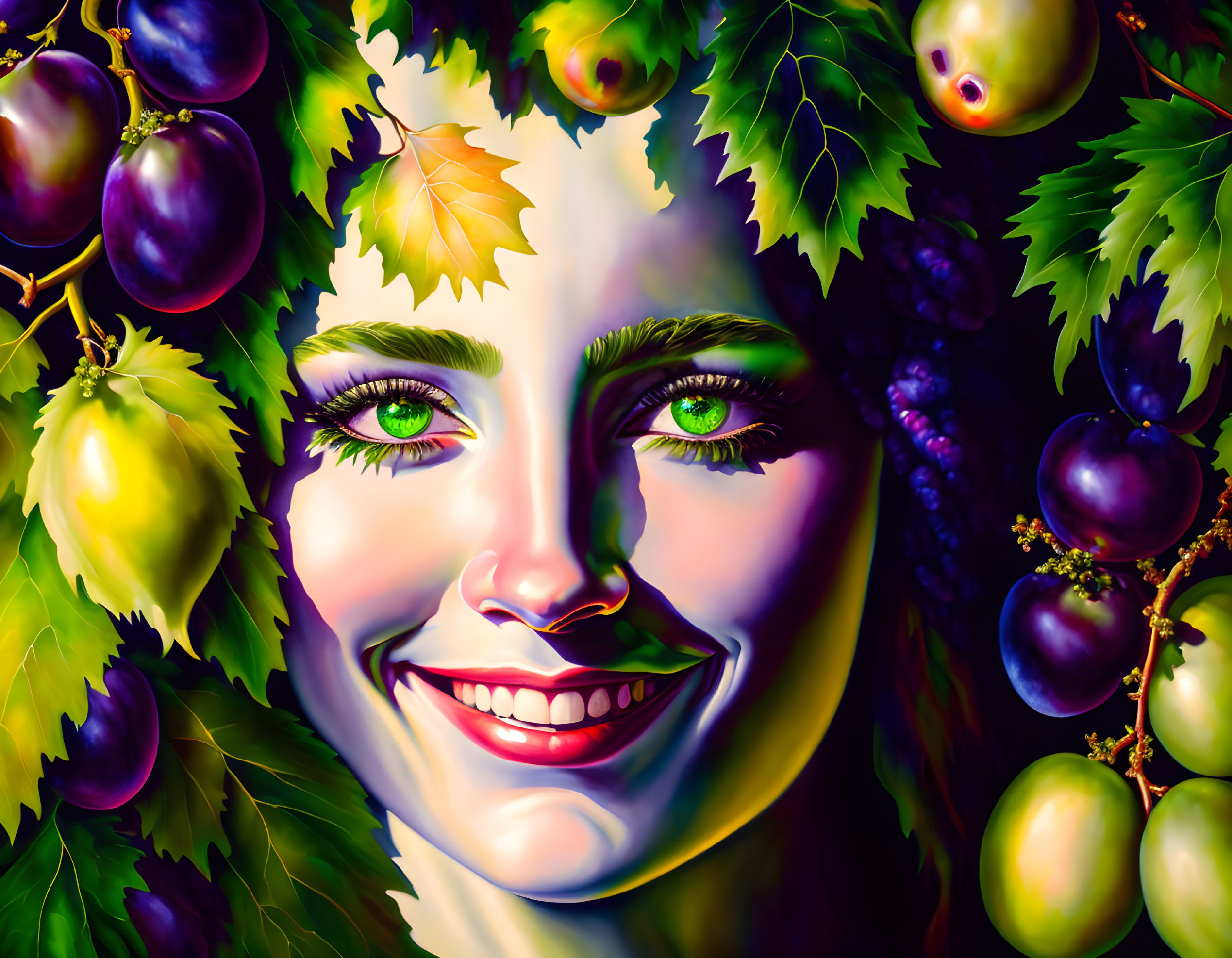 Colorful digital artwork of smiling woman surrounded by grapevines & grapes