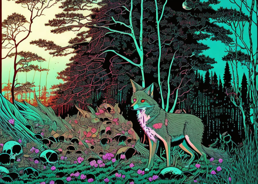 Colorful Wolf Illustration in Forest with Skull Motifs & Sunrise