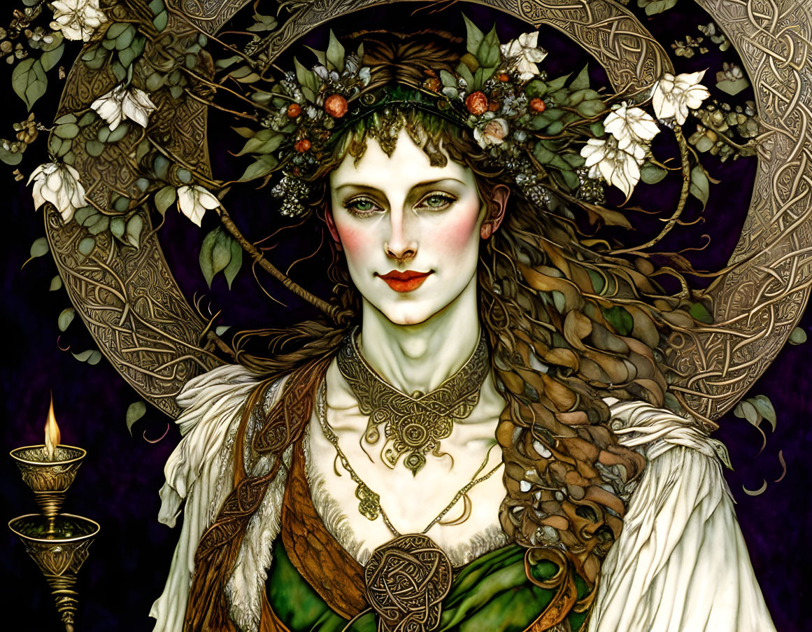 Illustrated woman with floral crown and Celtic jewelry on dark Art Nouveau background