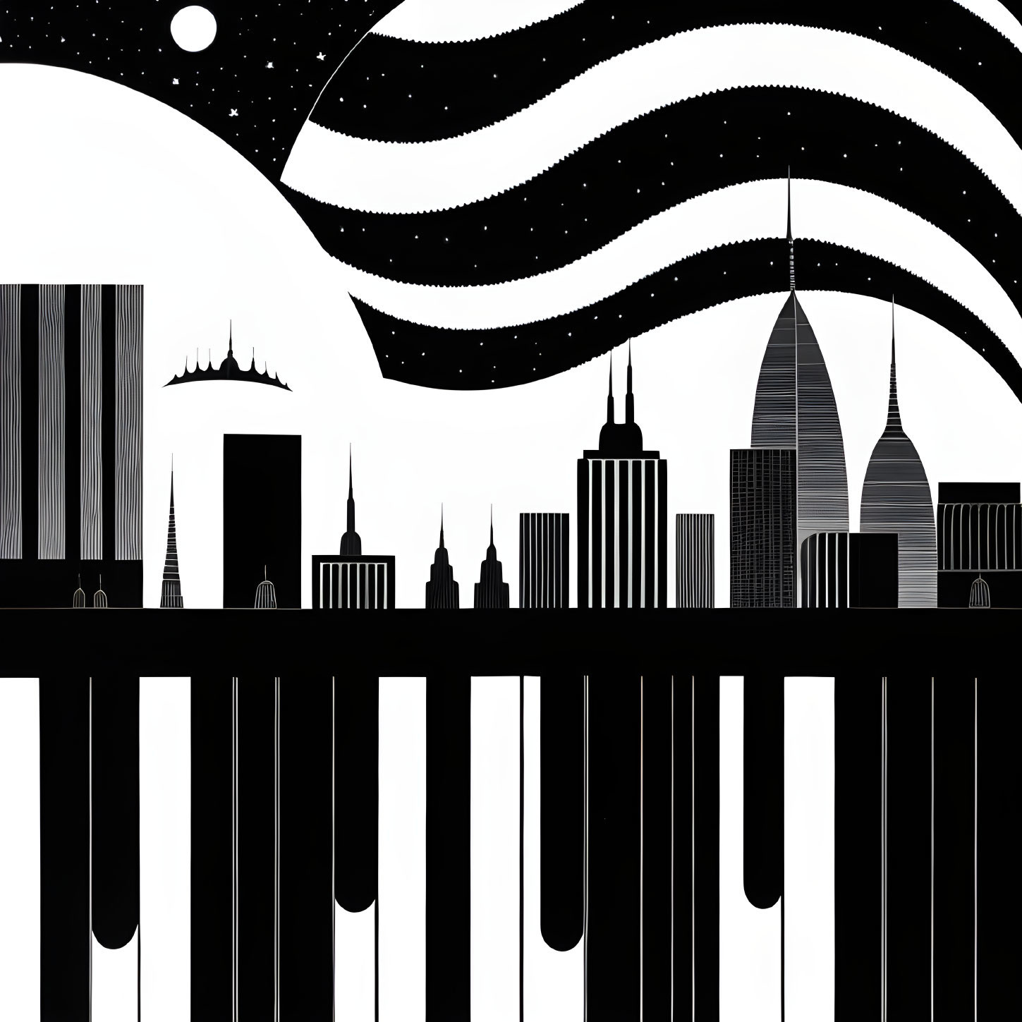 Monochrome cityscape with diverse buildings under swirling night sky and large moon, with piano-key foreground.