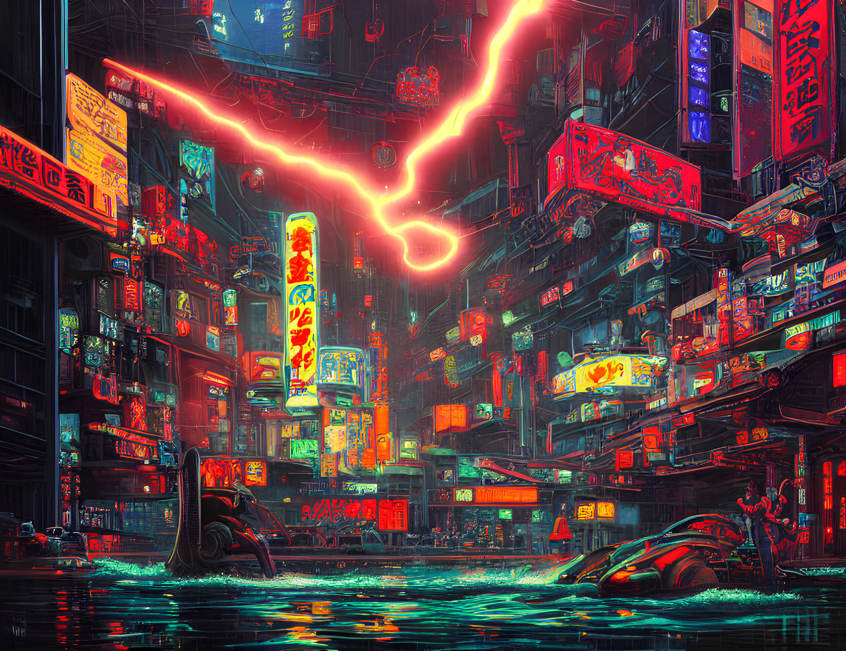 Futuristic neon cityscape with towering buildings and glowing signs