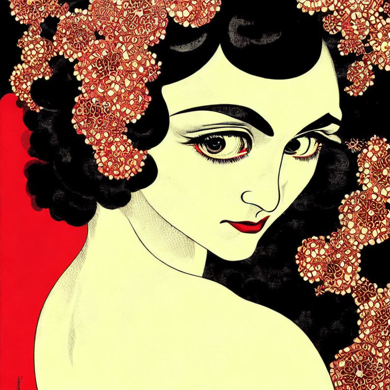 Dark-haired woman with flowers in bold contrast on red background