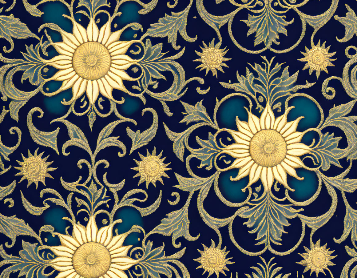 Floral and Foliage Gold Embroidery on Dark Blue Fabric