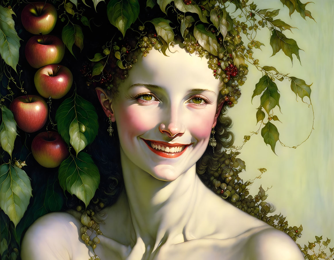 Portrait of a joyful woman with apple and berry-adorned ivy, vibrant smile.