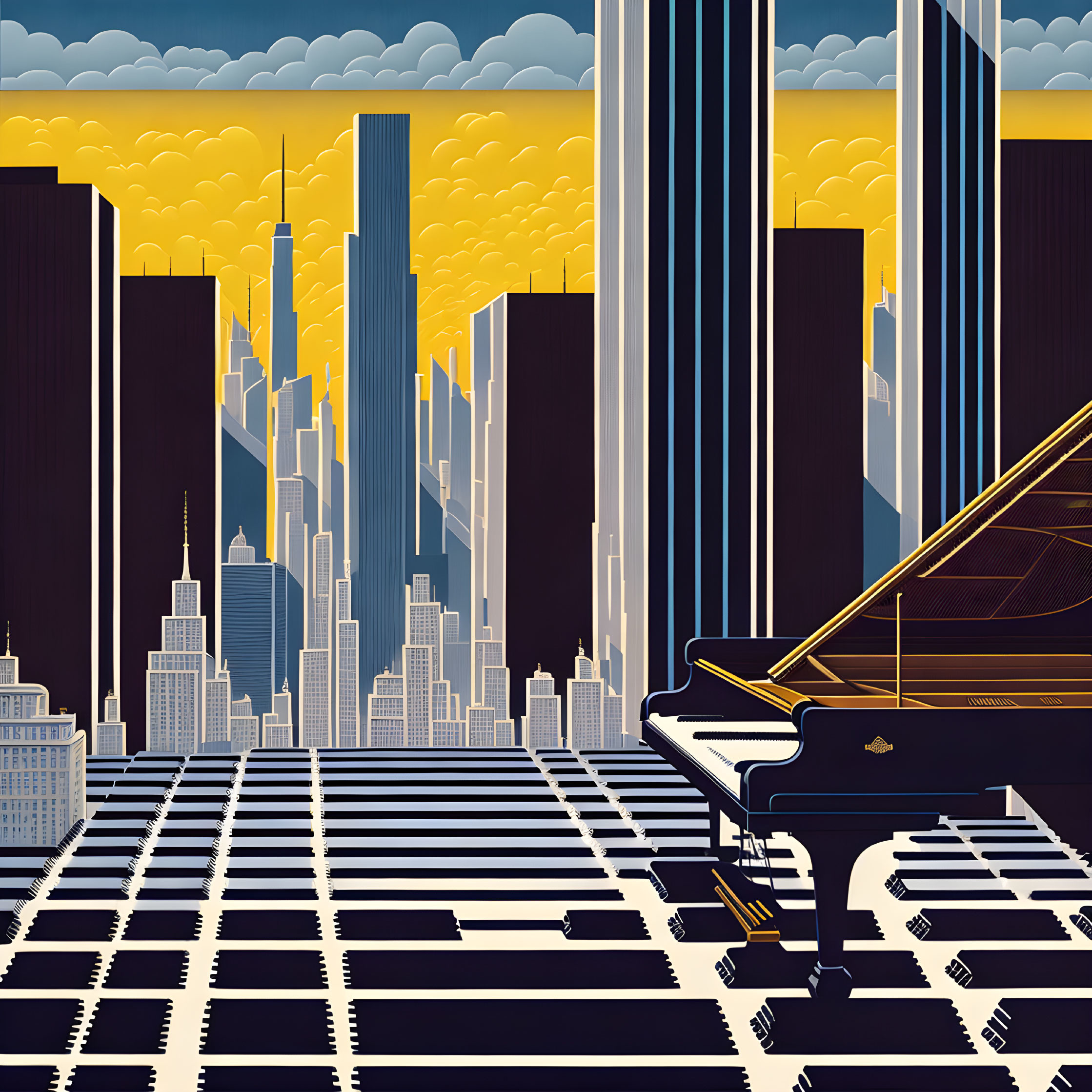 Cityscape illustration with skyscrapers merging into piano keys and grand piano under yellow sky