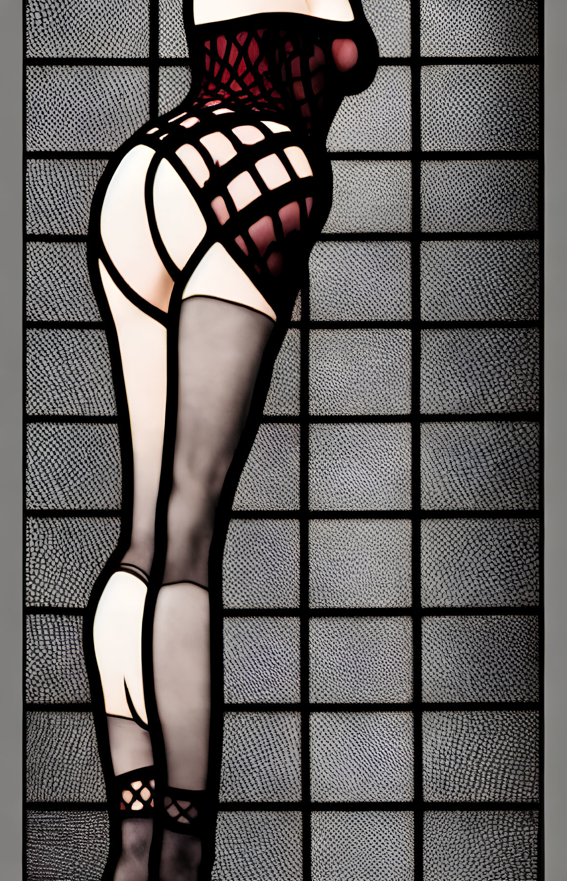 Stylized lingerie-clad woman in silhouette against checkered backdrop