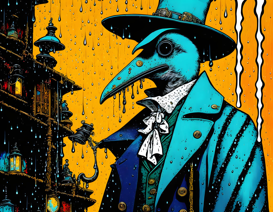 Stylized illustration of figure in plague doctor mask with lantern, shelves backdrop