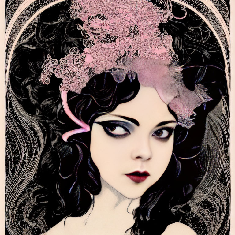 Detailed Art Nouveau Woman Illustration with Pale Skin and Dark Curly Hair