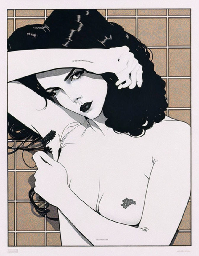 Stylized woman with dark hair holding mascara brush, gazing seductively, small shoulder tattoo