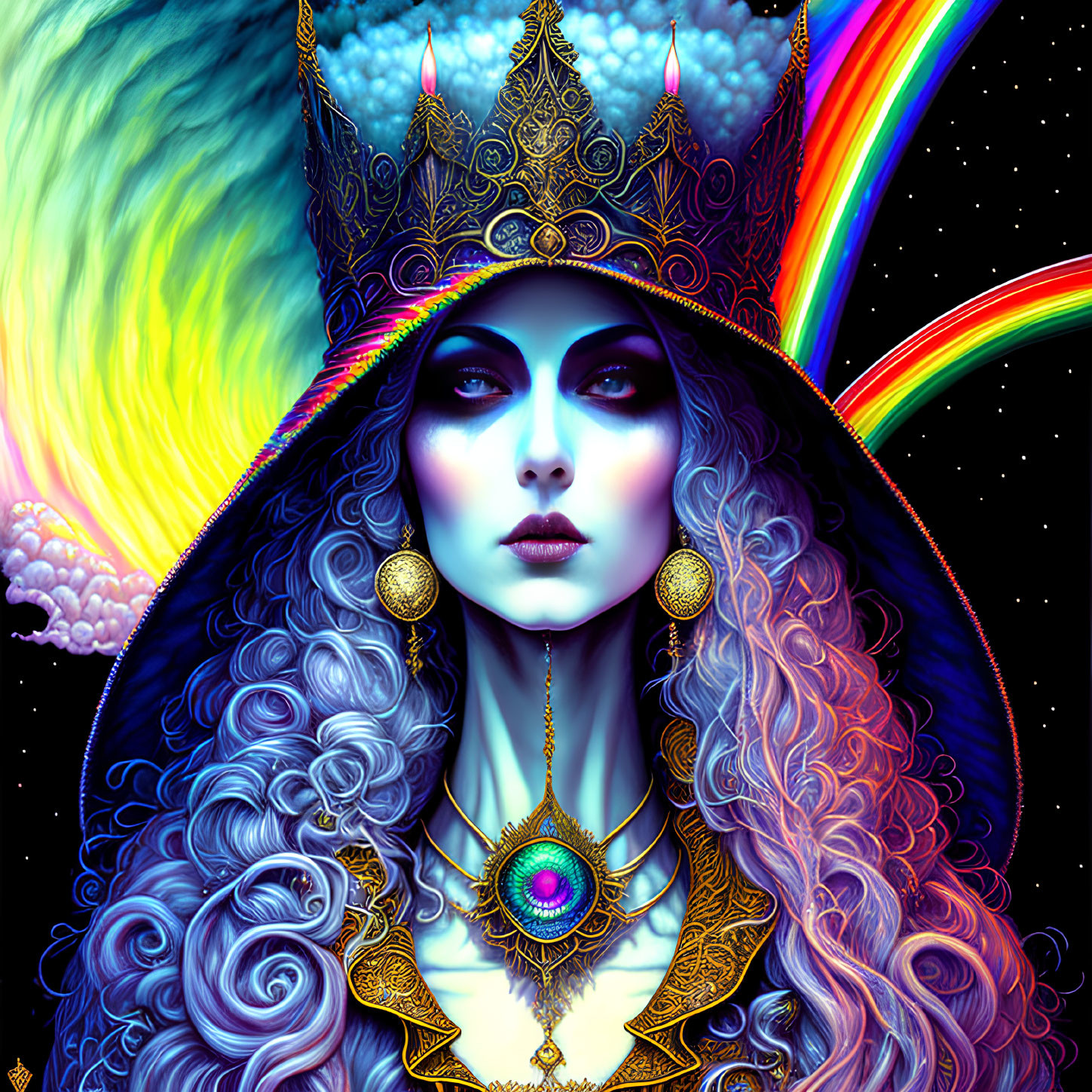 Regal figure with jeweled crown under cosmic sky