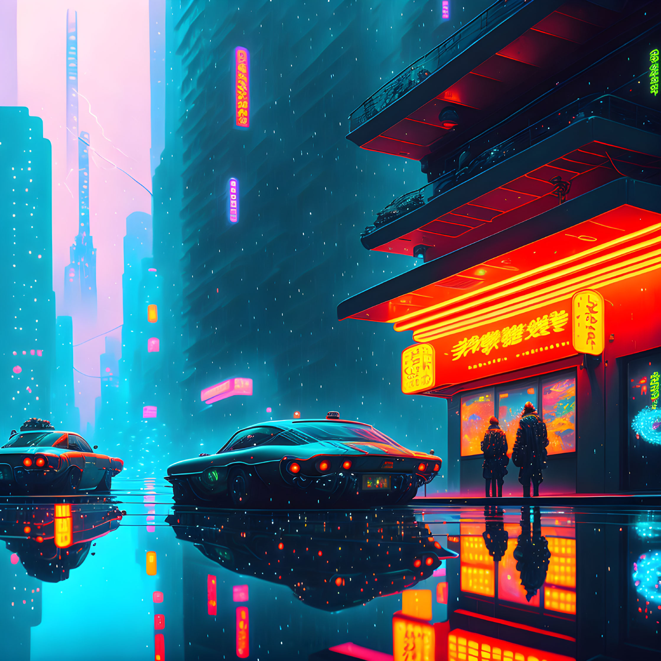 Futuristic cyberpunk cityscape with neon lights, cars, and people at night