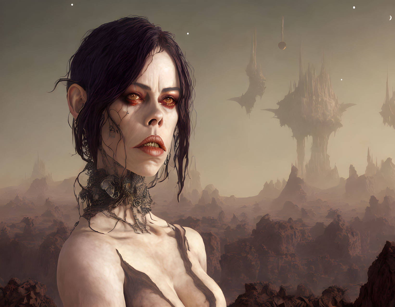 Female vampire digital artwork: red eyes, purple hair, floating rocks, desolate landscape