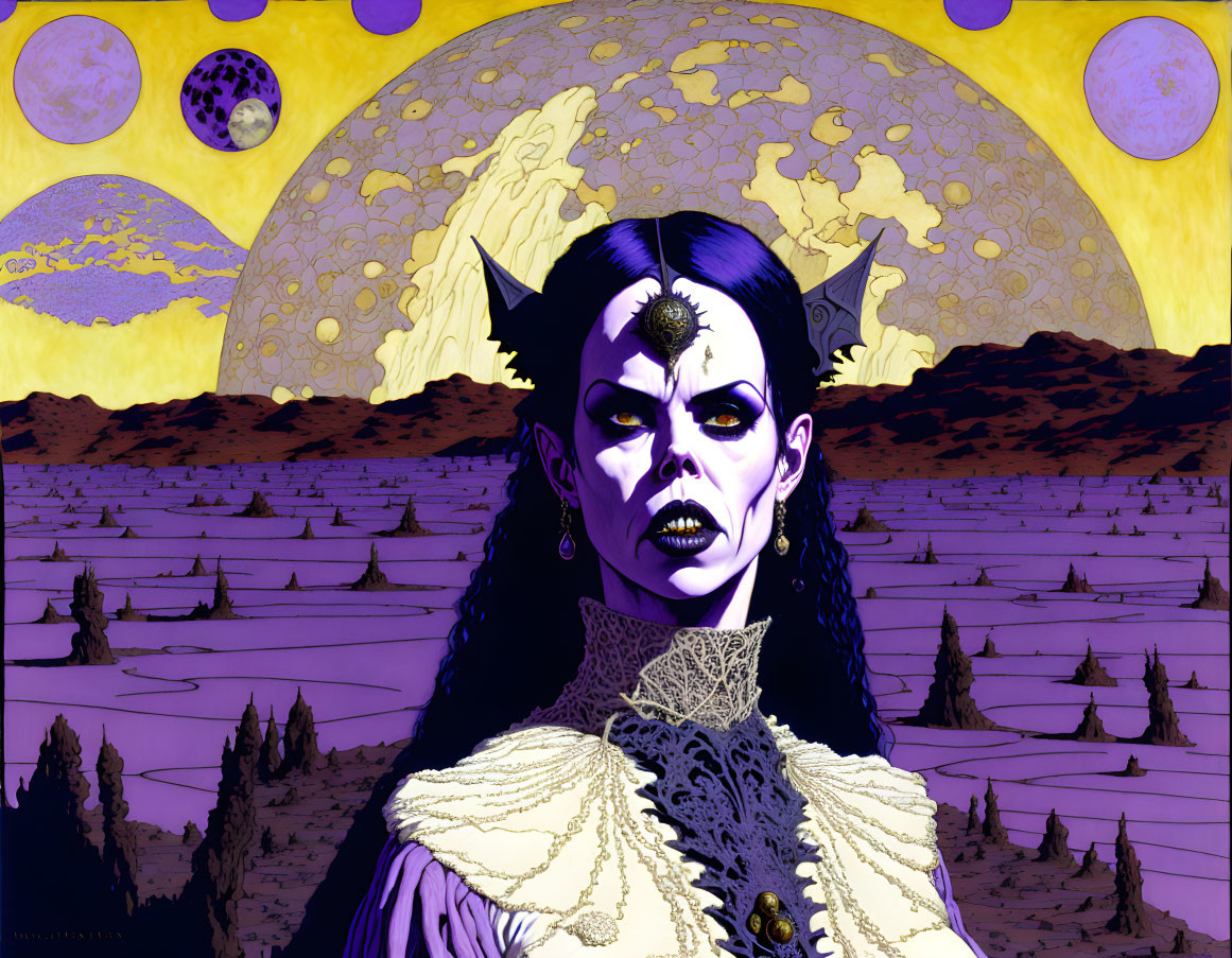 Fantasy-themed female figure with fangs, pointed ears, and forehead jewel in otherworldly landscape