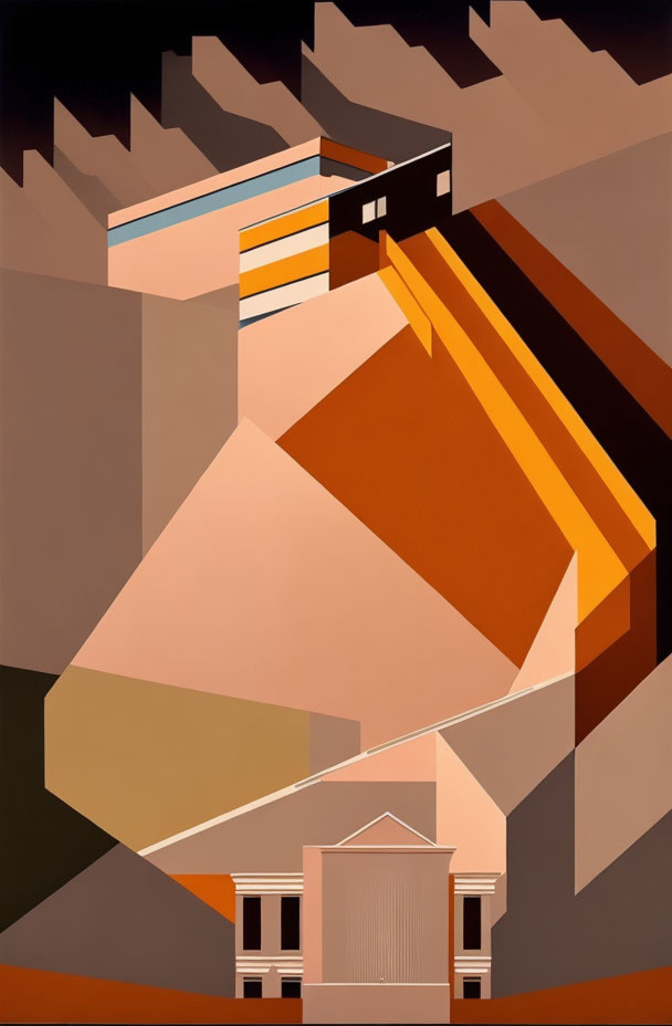 Abstract geometric painting of architectural forms in warm earth tones