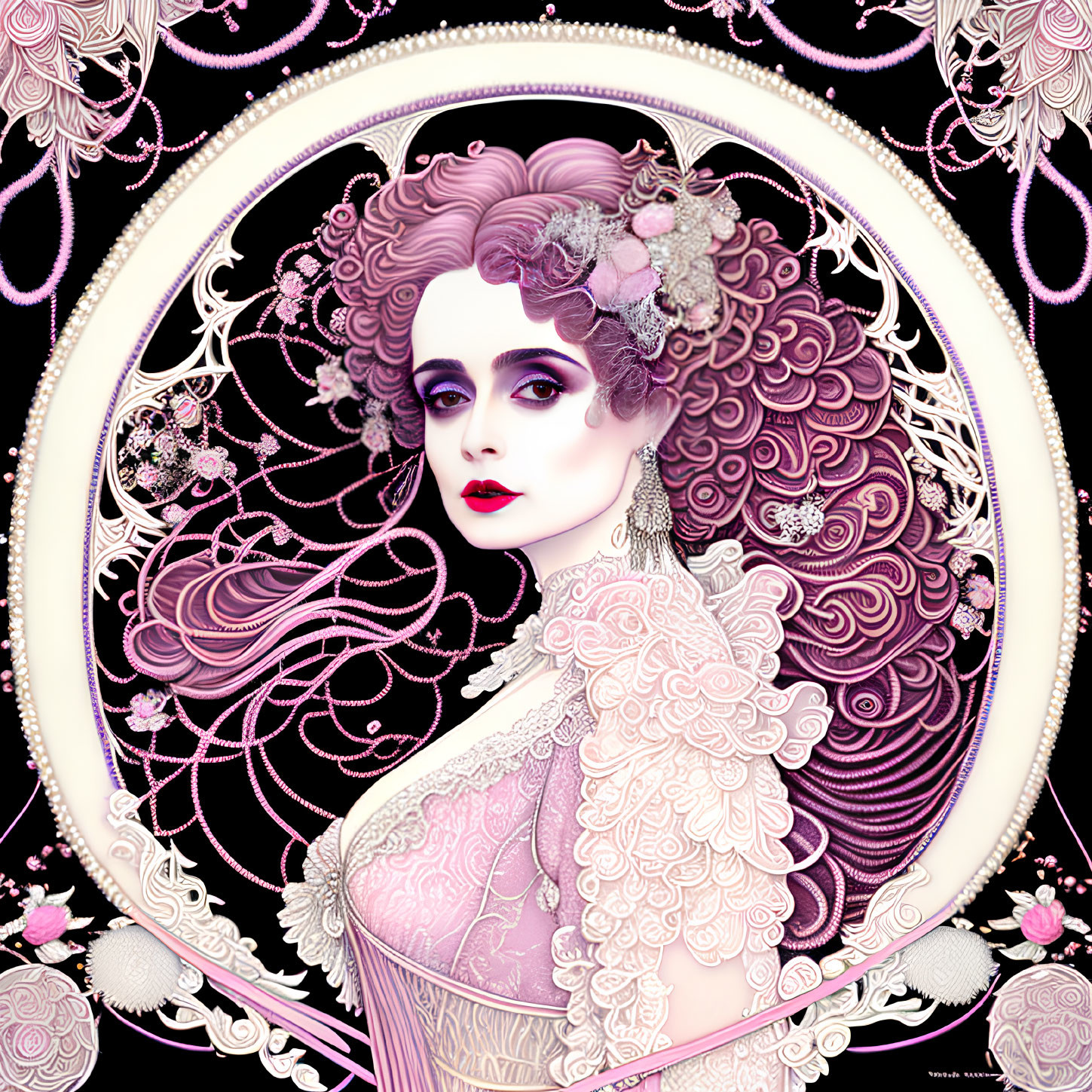 Detailed illustration of woman with purple hair and lace attire on ornate dark background