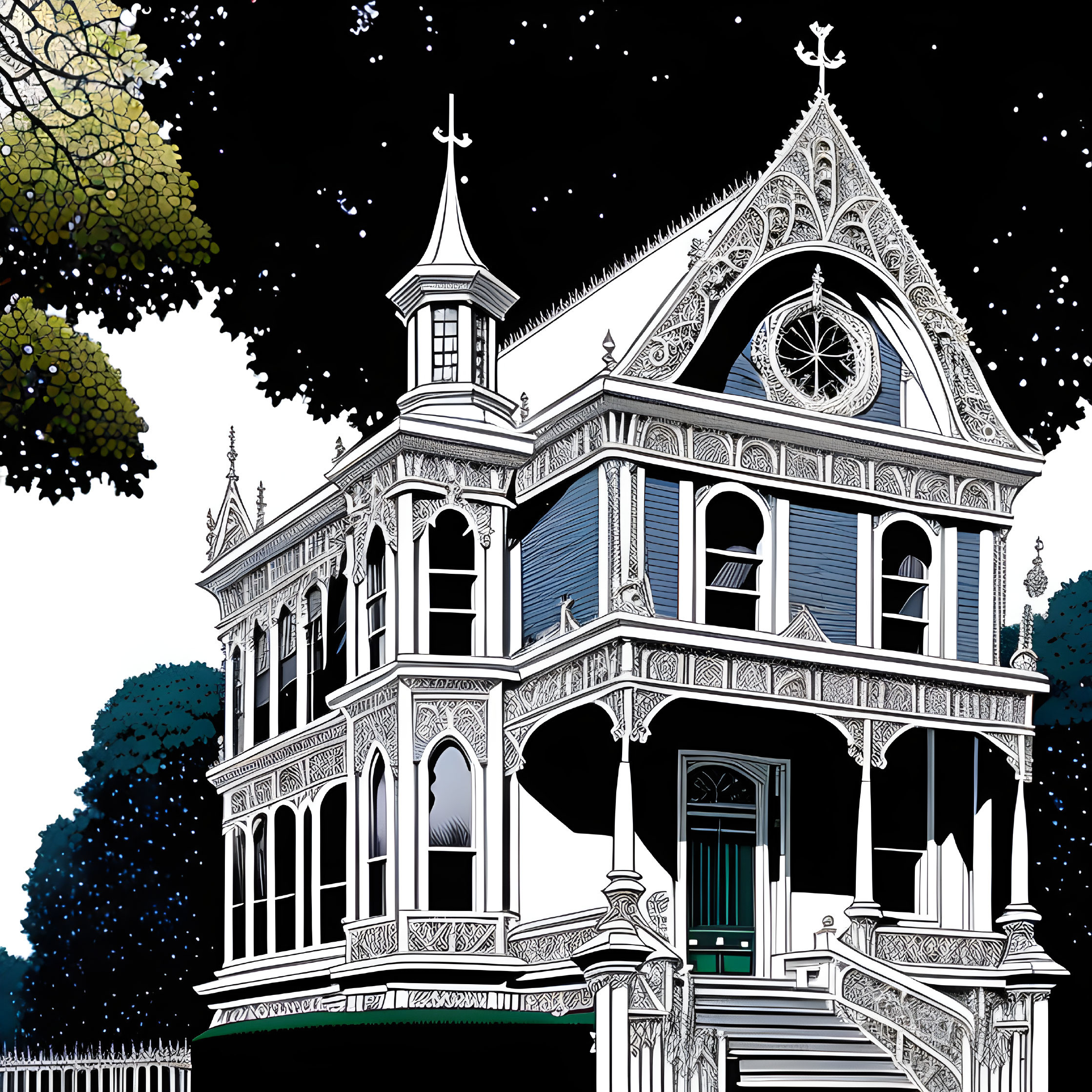 Victorian-style house illustration with intricate details against night sky.