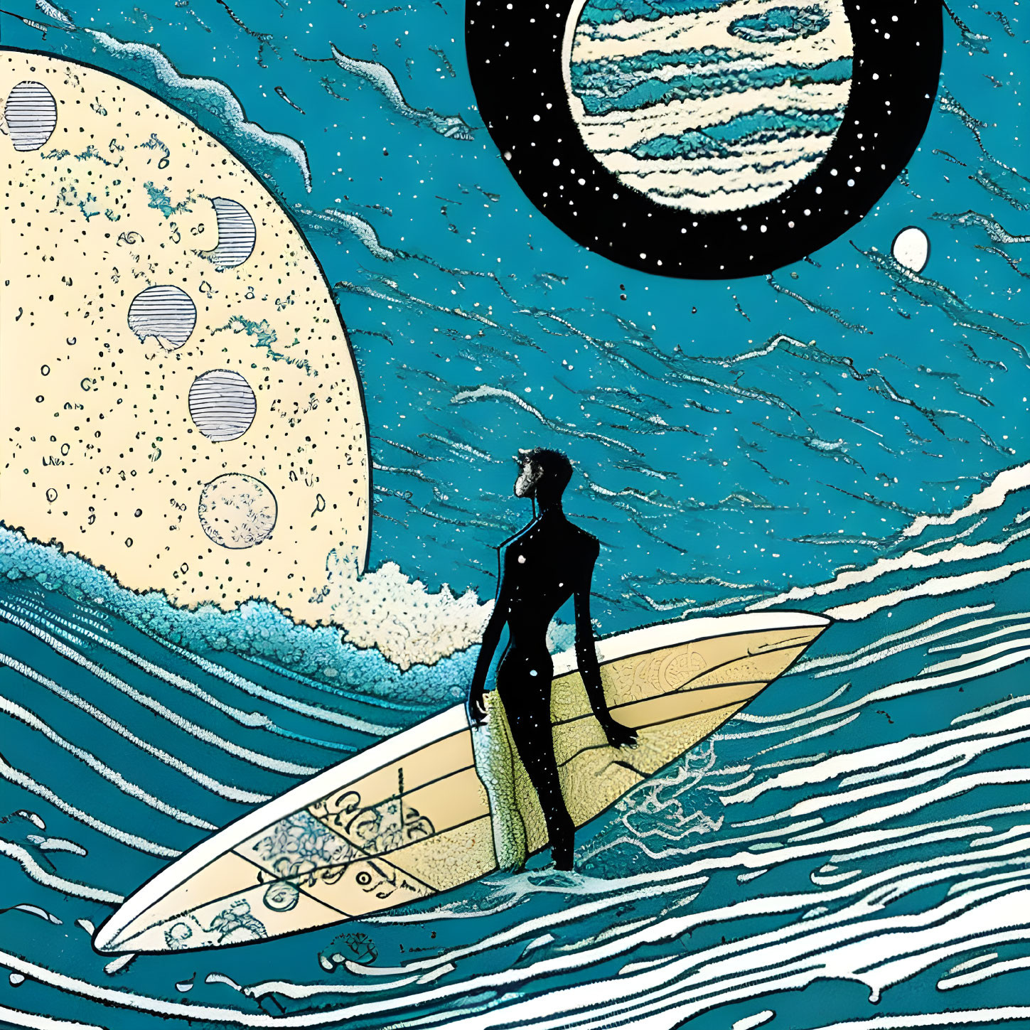 Surfer on board under cosmic sky with moon and planets