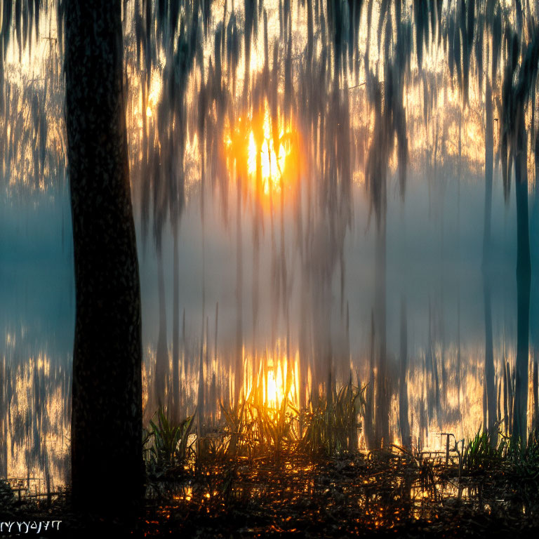 Misty Woods at Sunrise with Silhouetted Trees and Spanish Moss