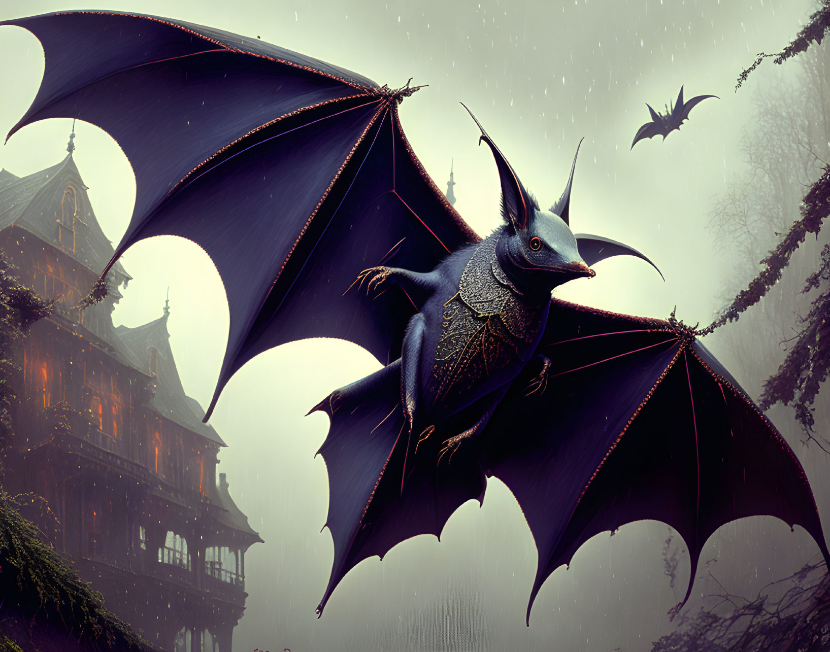 Blue dragon flying by Gothic mansion in mist with second dragon.