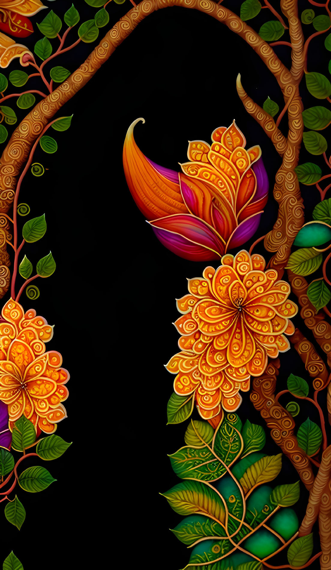 Colorful floral illustration with intricate patterns on black background