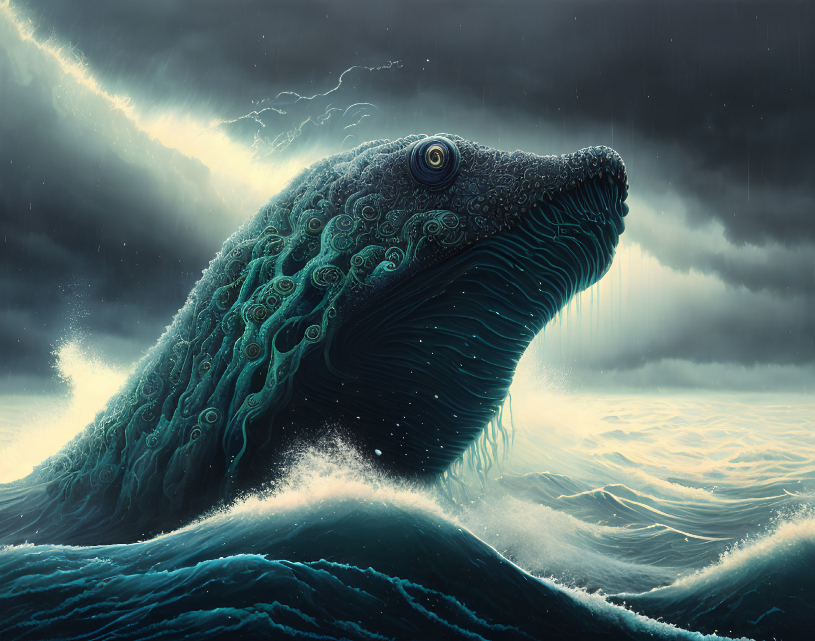 Monstrous sea creature emerges from stormy ocean waves