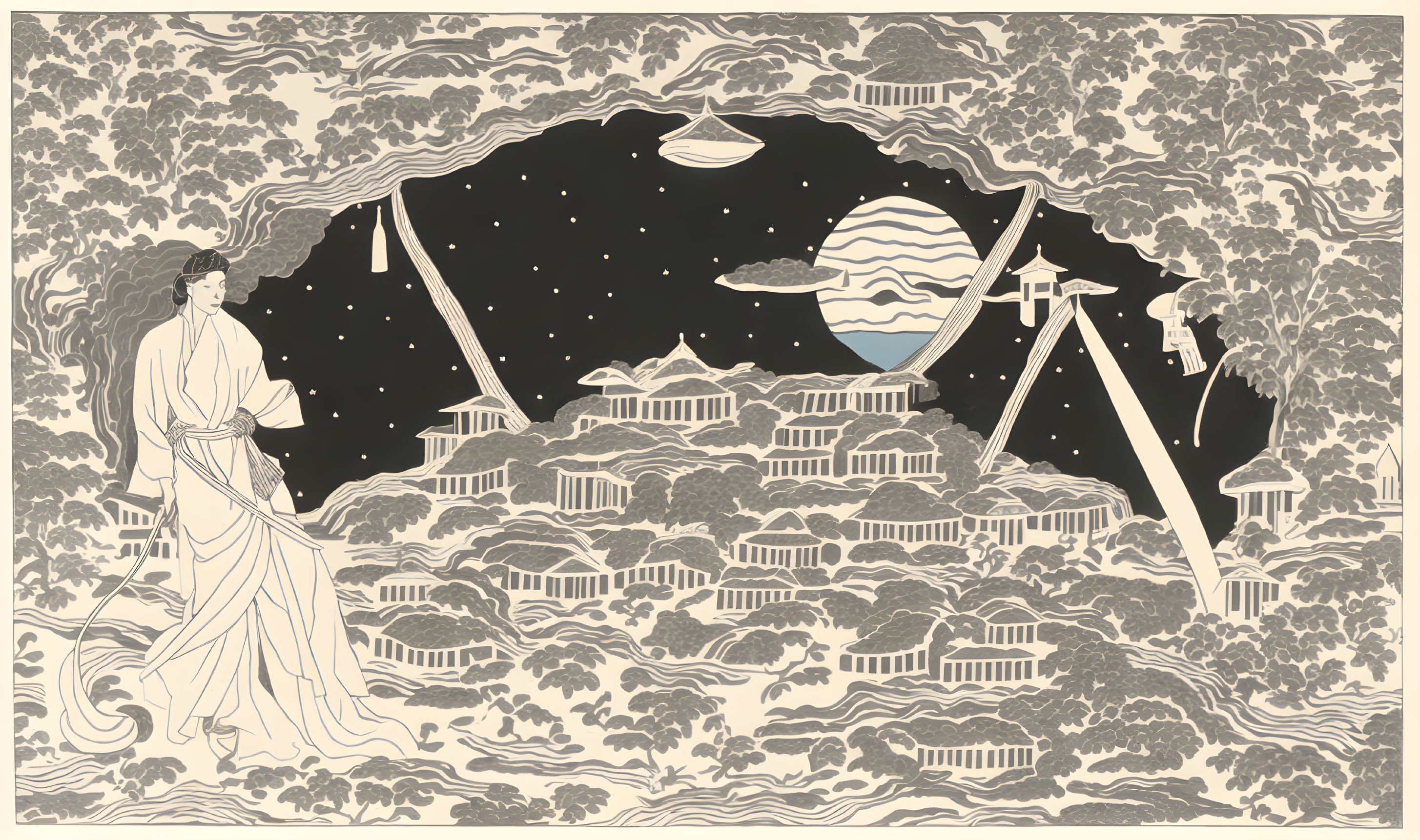 Japanese-style illustration: Woman in kimono views fantastical pagodas, flying saucers,