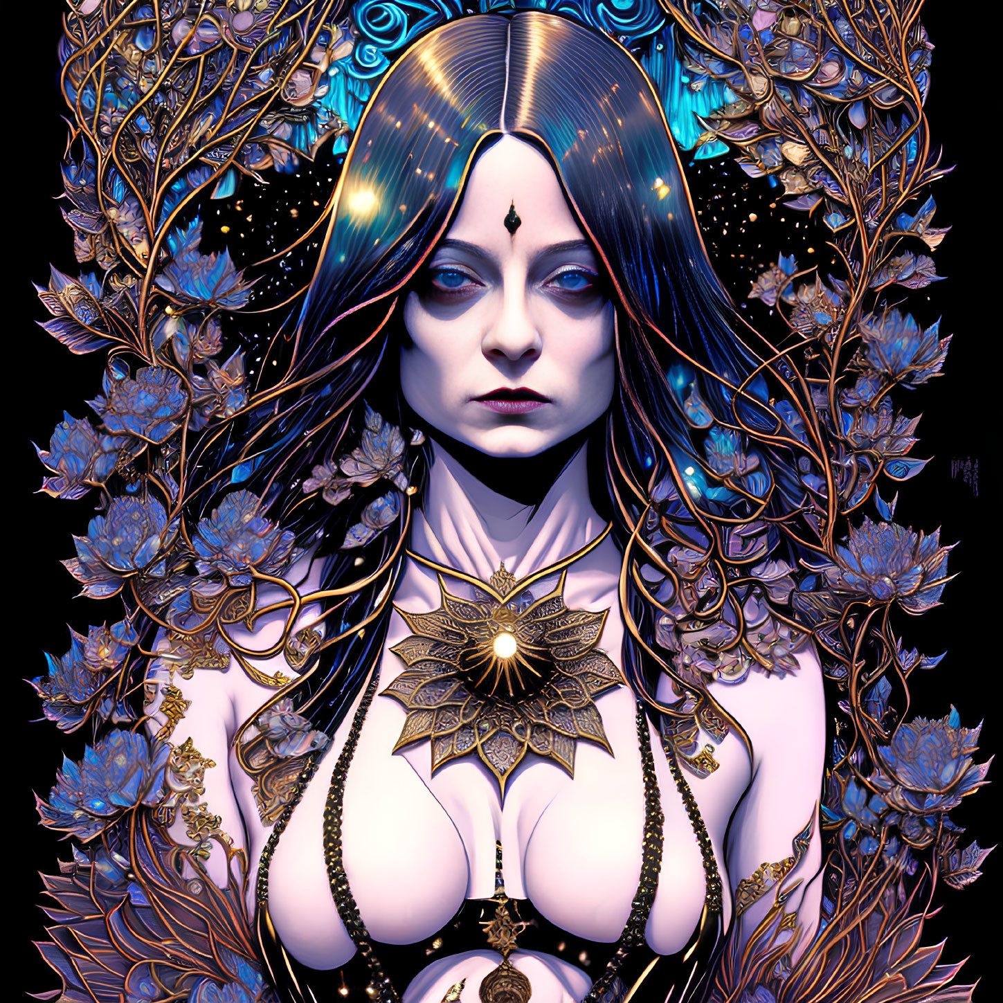 Blue-skinned woman with mystical floral pattern and third eye in digital artwork