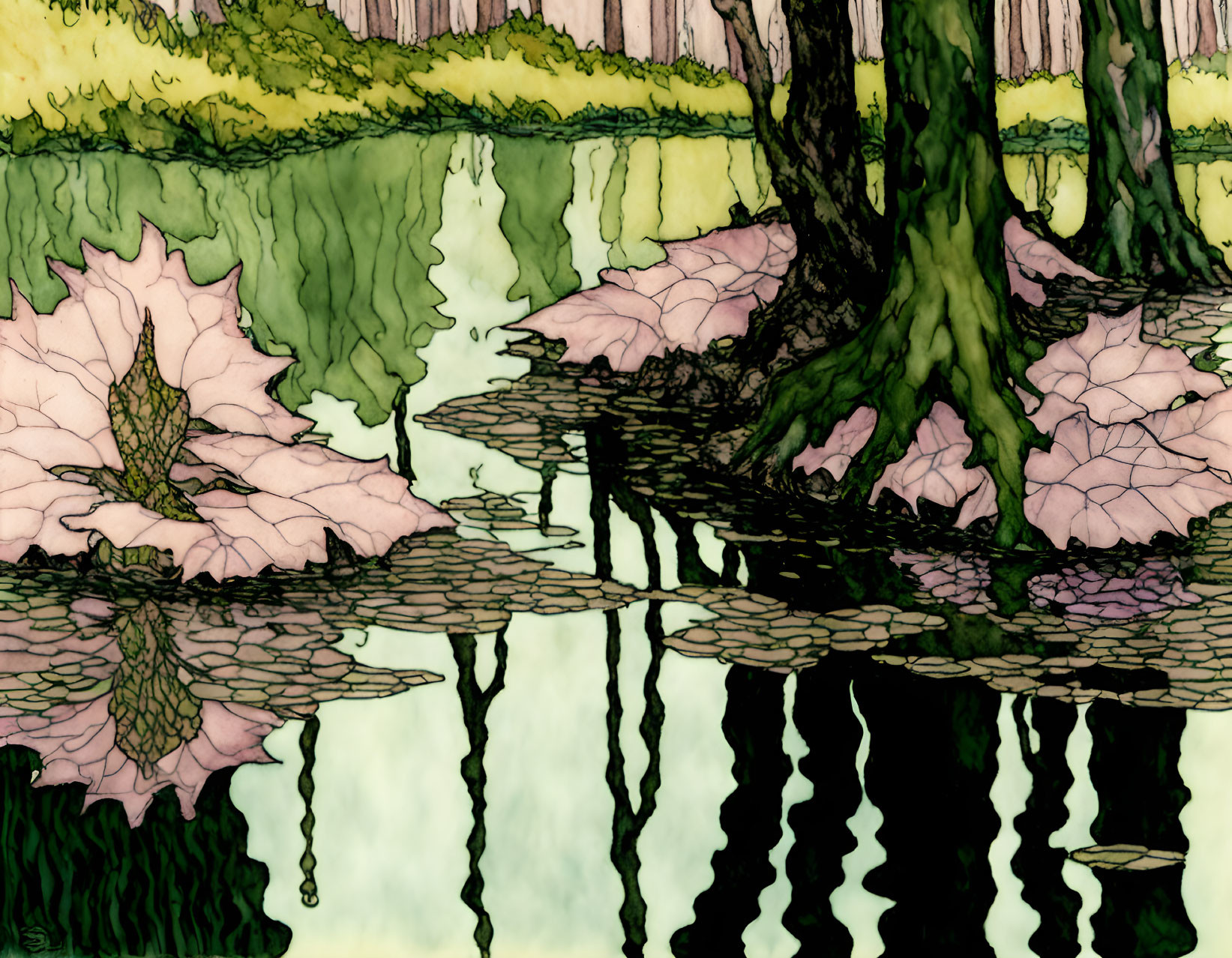 Tranquil forest scene with detailed trees and foliage reflected in water