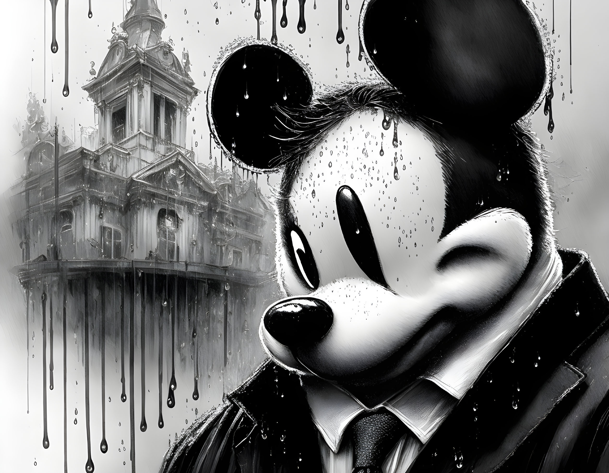 Monochrome cartoon mouse with gothic building in rain