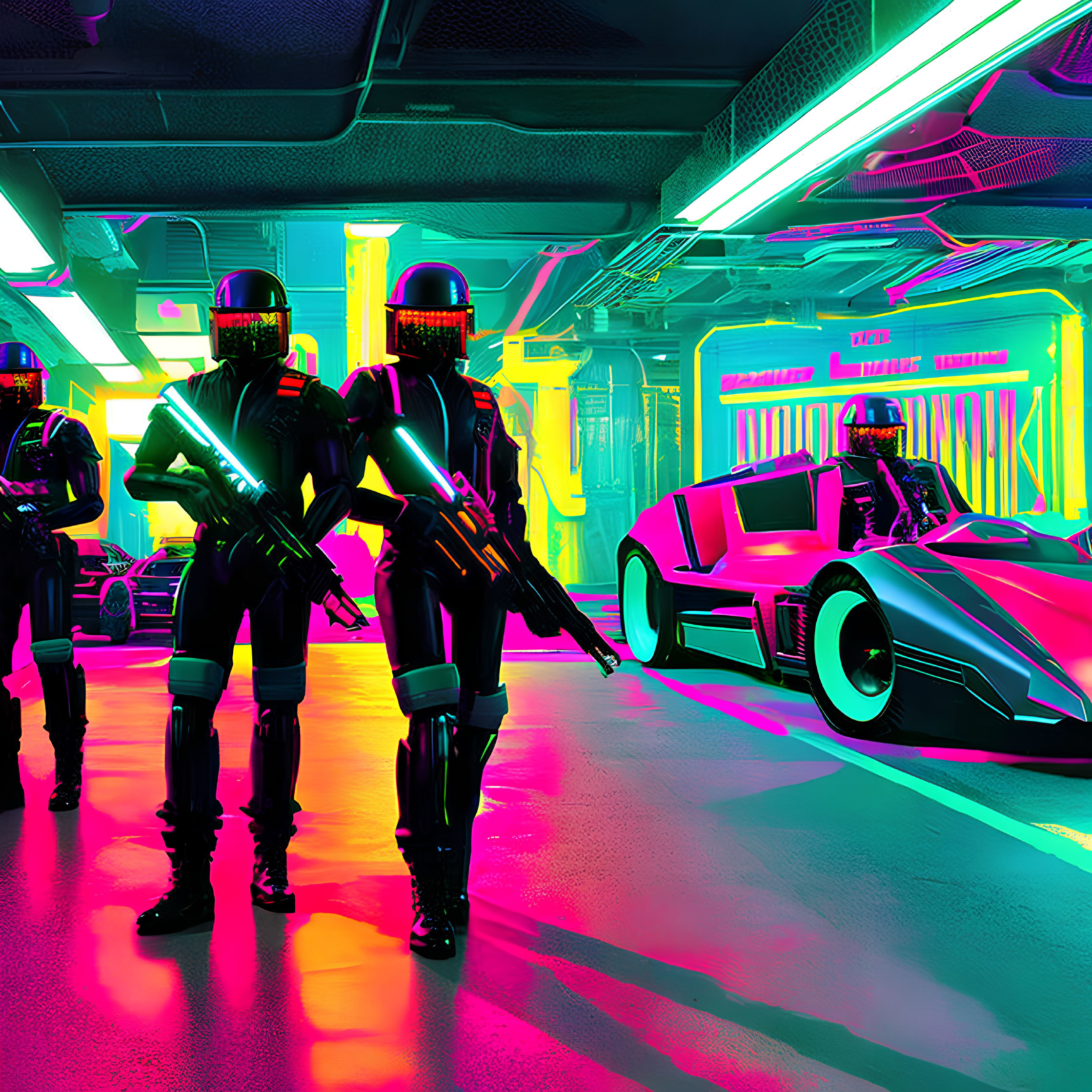 Futuristic soldiers with helmets and rifles in neon-lit garage