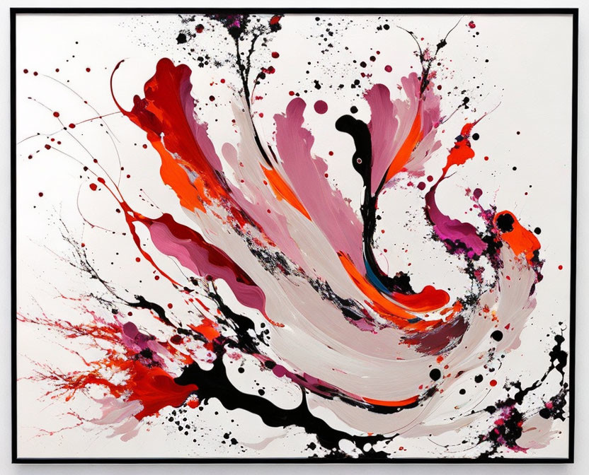 Vibrant abstract painting with red, pink, black, and white swirls