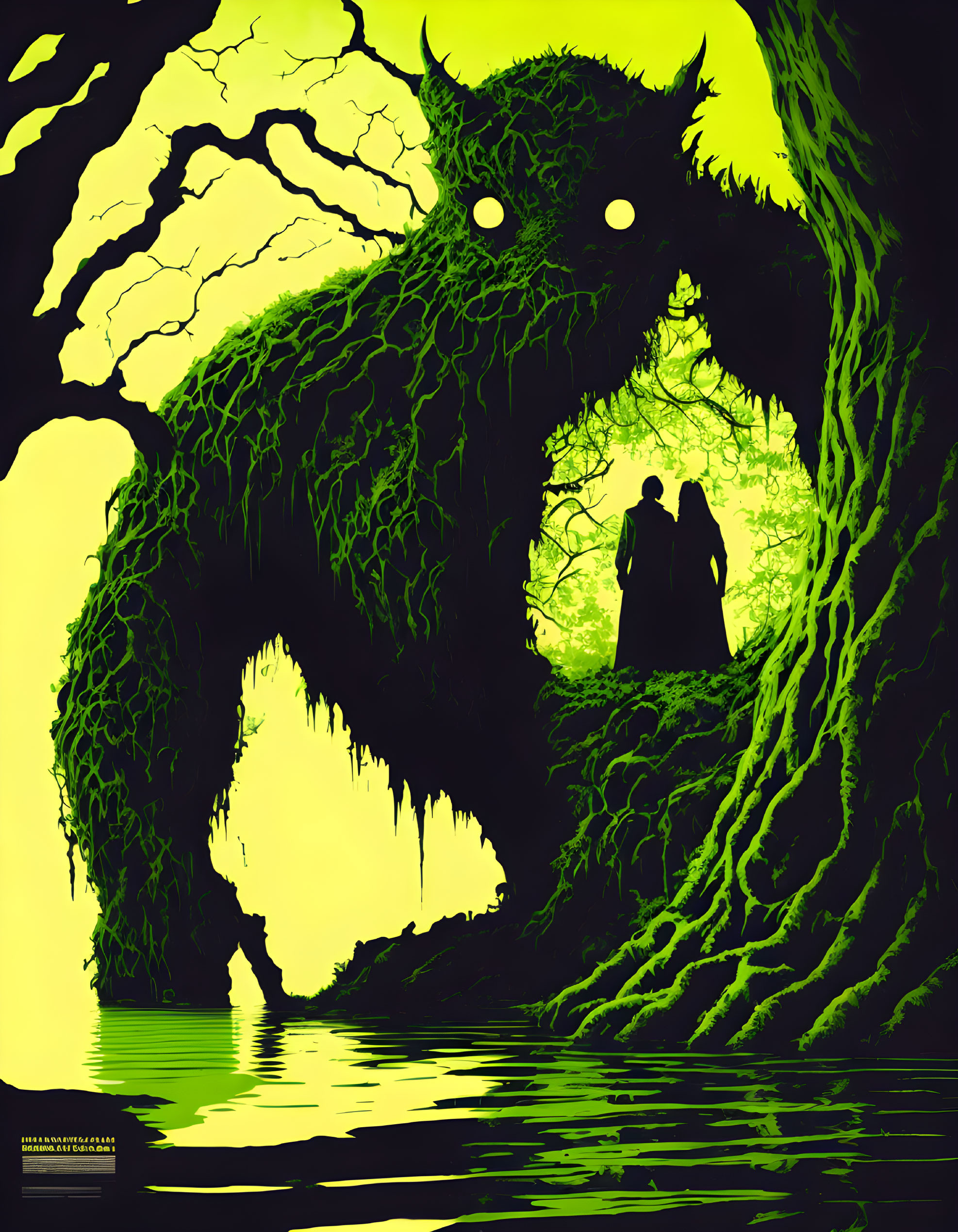 Stylized artistic poster with large monster silhouette and couple in green and black color scheme