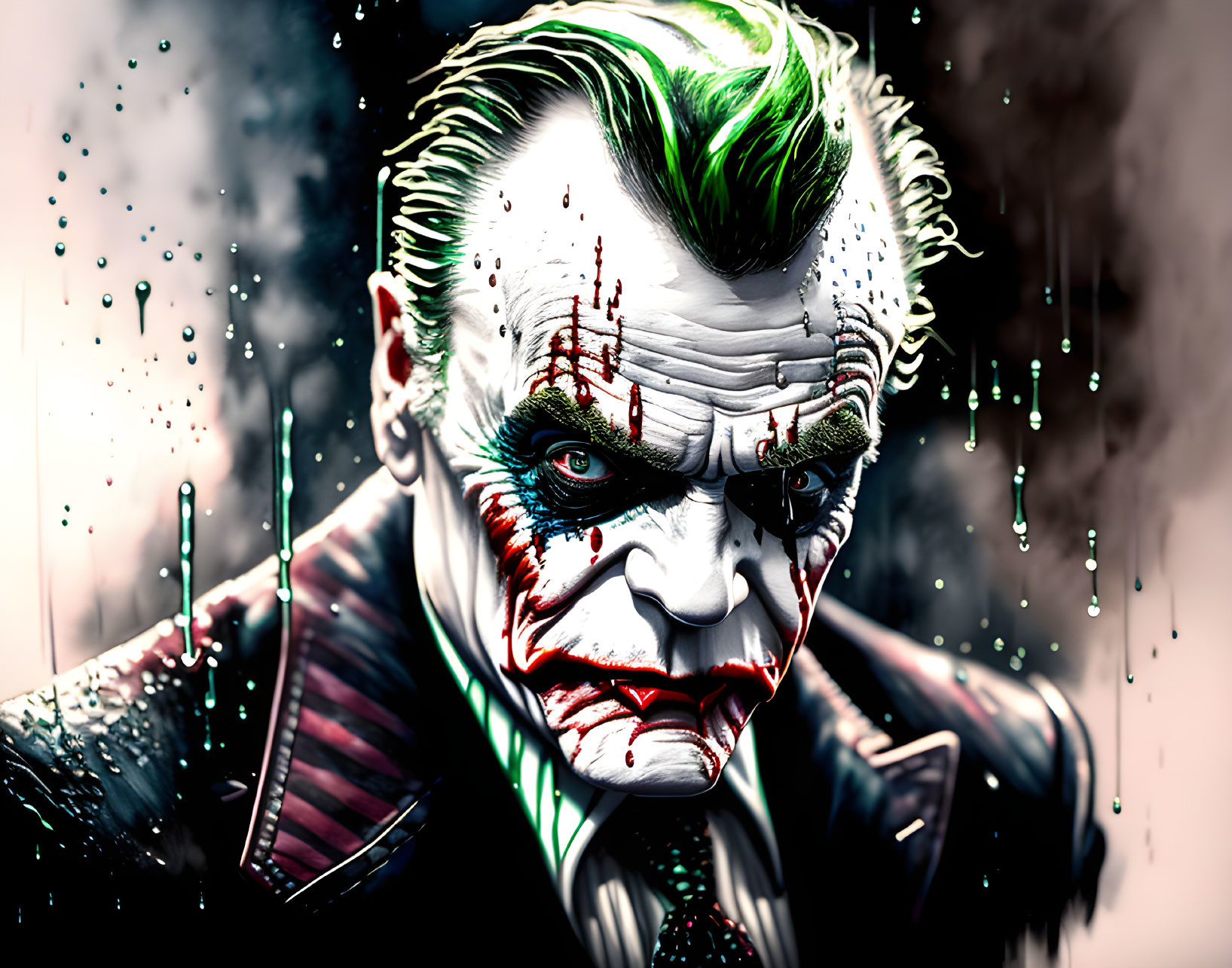 Stylized Joker digital artwork: green hair, white face paint, red lips, smeared makeup