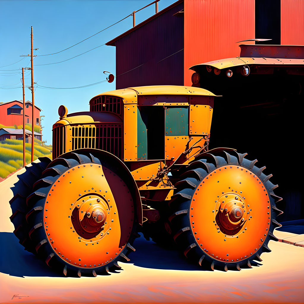 Yellow tractor with orange wheels parked near industrial buildings under blue sky