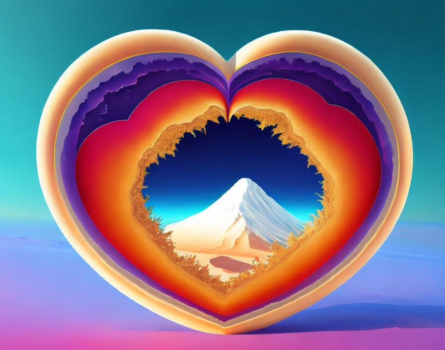 Heart-shaped Frame with Snow-Capped Mountain and Gradient Sky