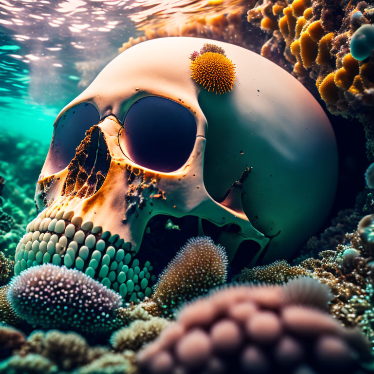 Colorful Coral Surrounds Human Skull in Eerie Underwater Scene