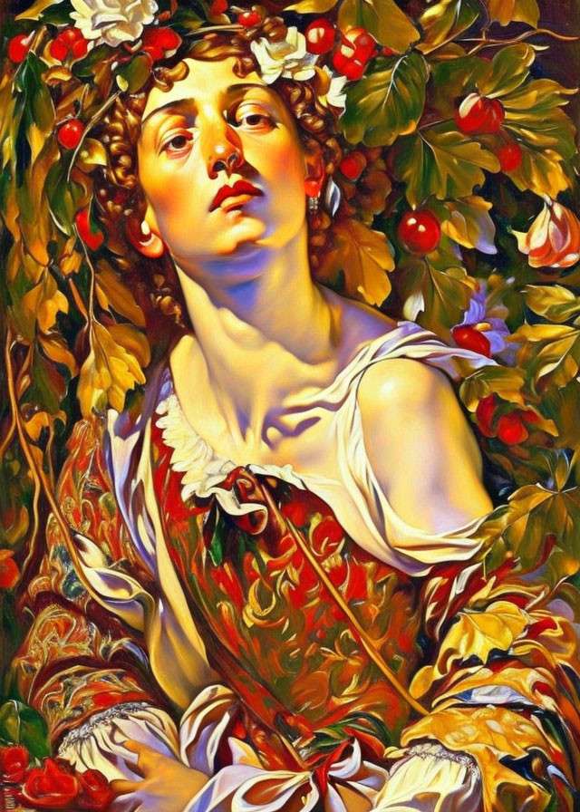 Intense gaze portrait with leaf wreath and ruffled collar