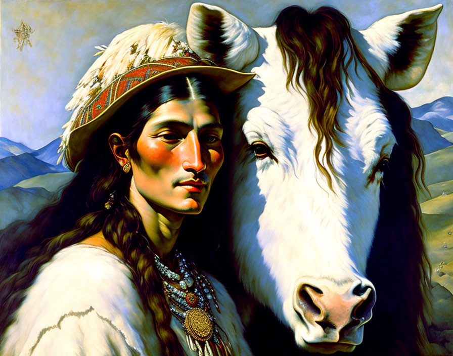 Native headdress wearer with white horse in mountain backdrop