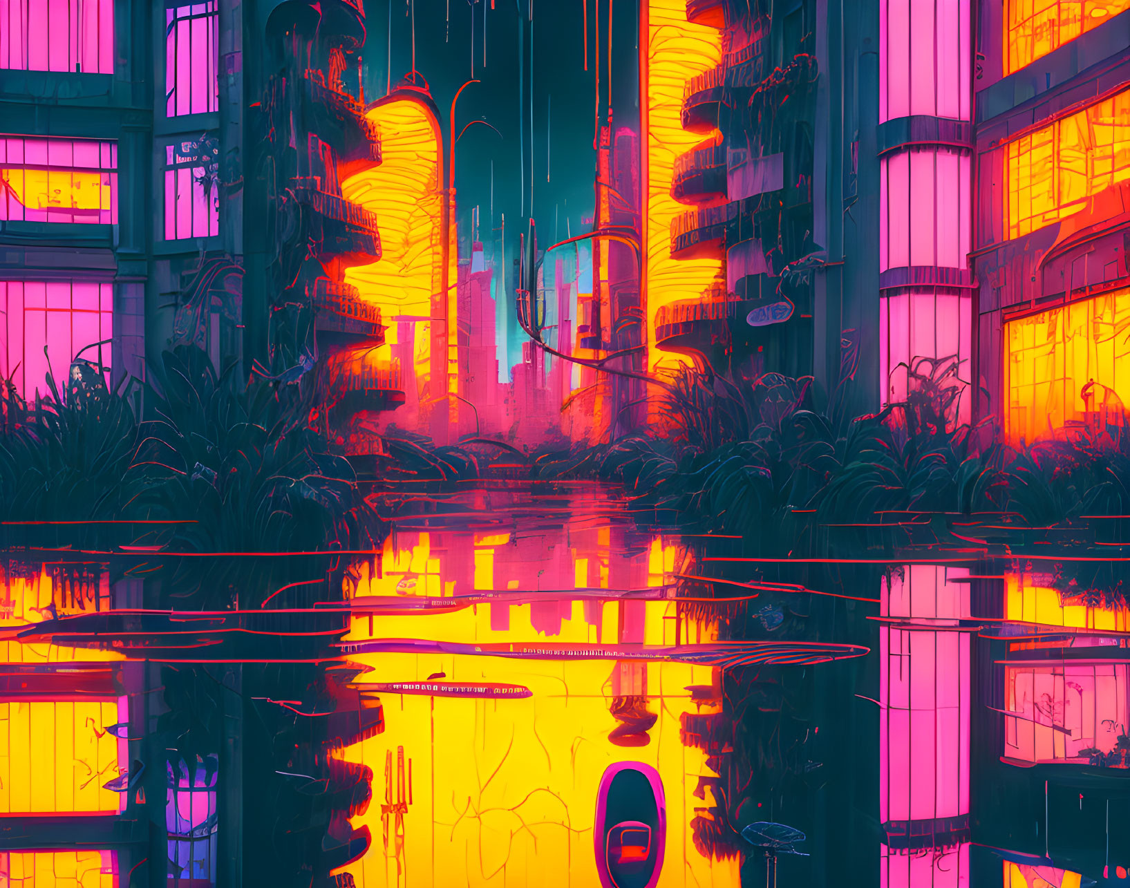 Futuristic cyberpunk cityscape with neon lights, skyscrapers, and lush vegetation