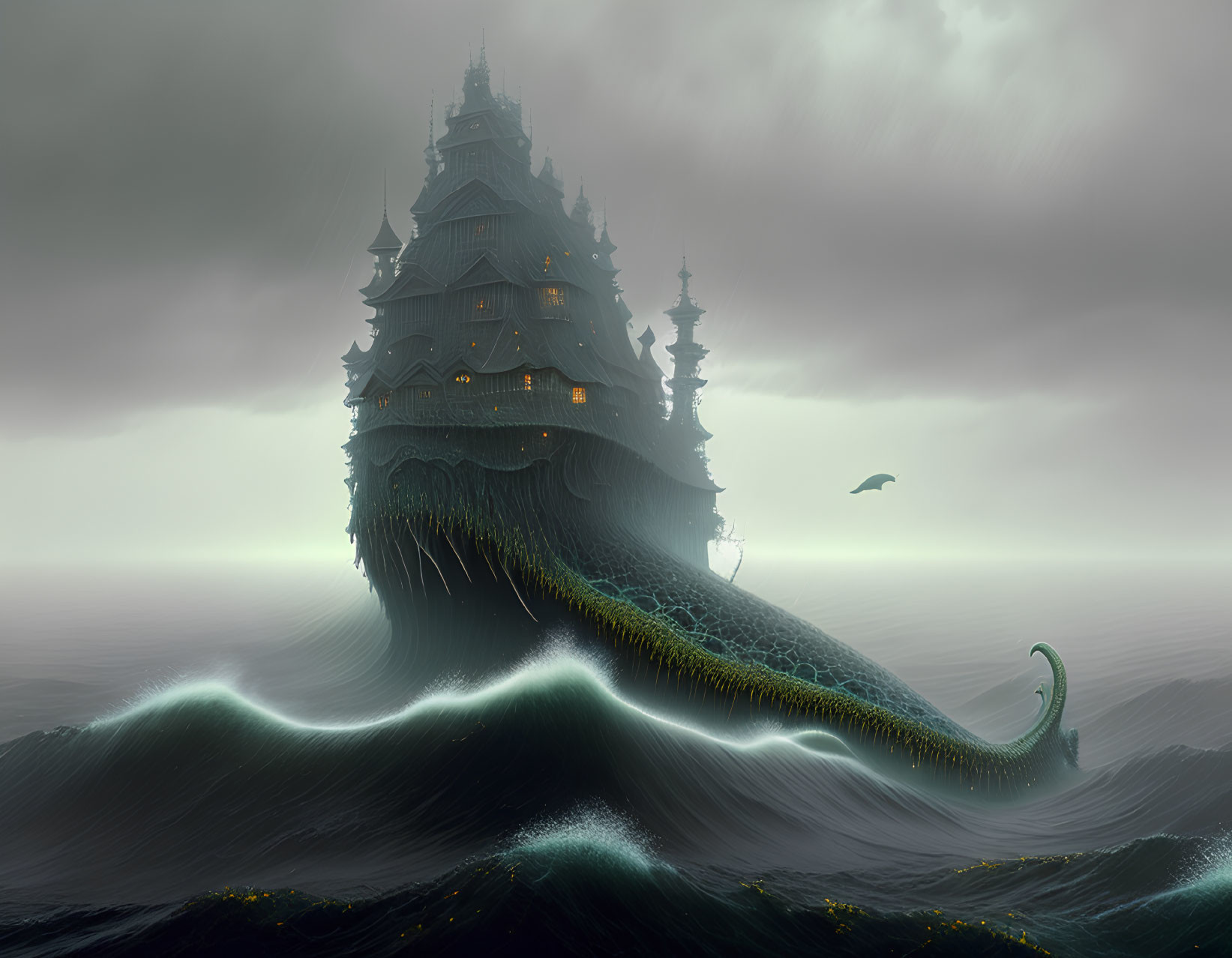Dark Castle on Sea Creature in Stormy Ocean Scene