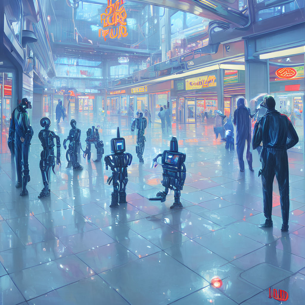 Futuristic mall with robots and neon lights