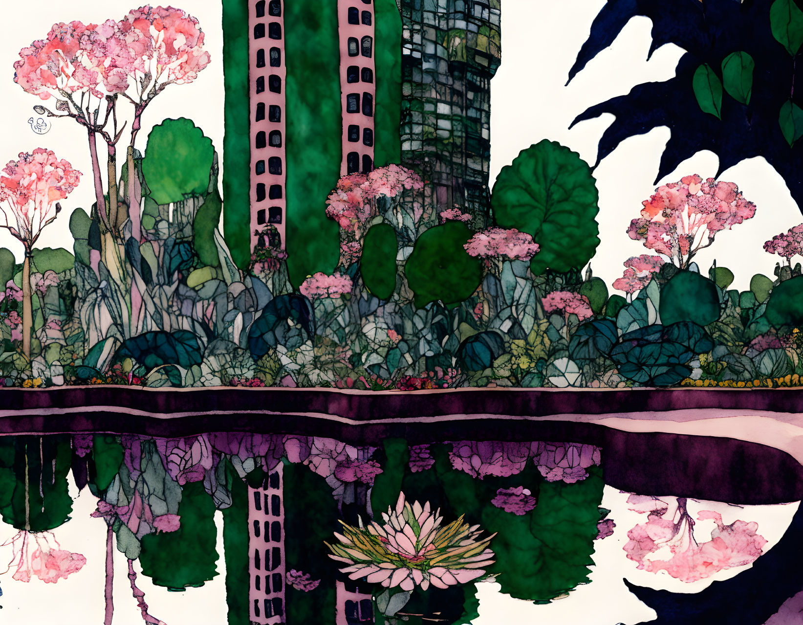 Lush urban garden with pink trees and skyscraper reflection in water