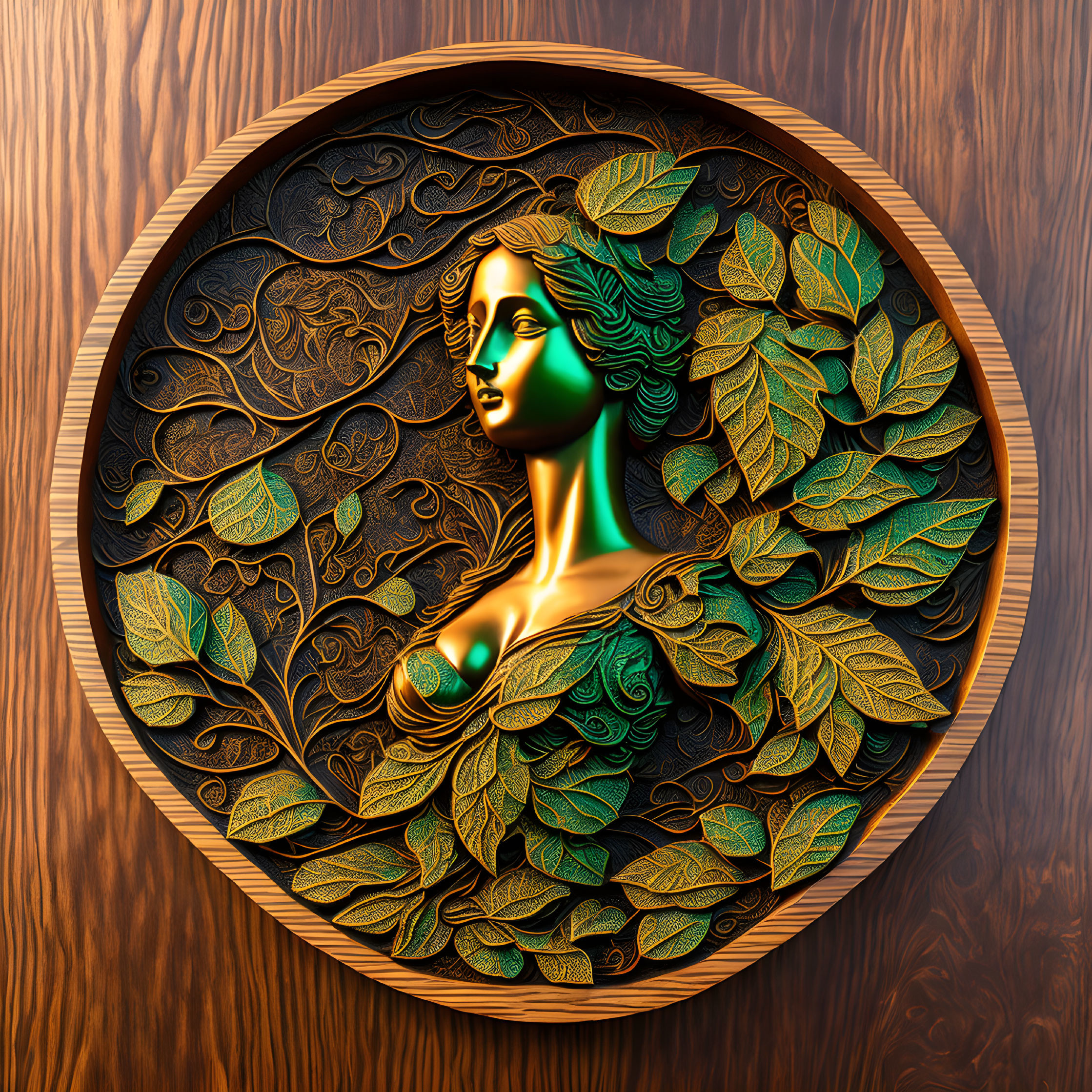 Circular Frame Bas-Relief of Woman with Leaf Motifs on Wood