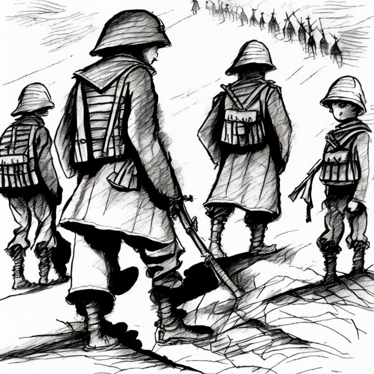 Vintage military soldiers marching in expressive sketch with strong shadows