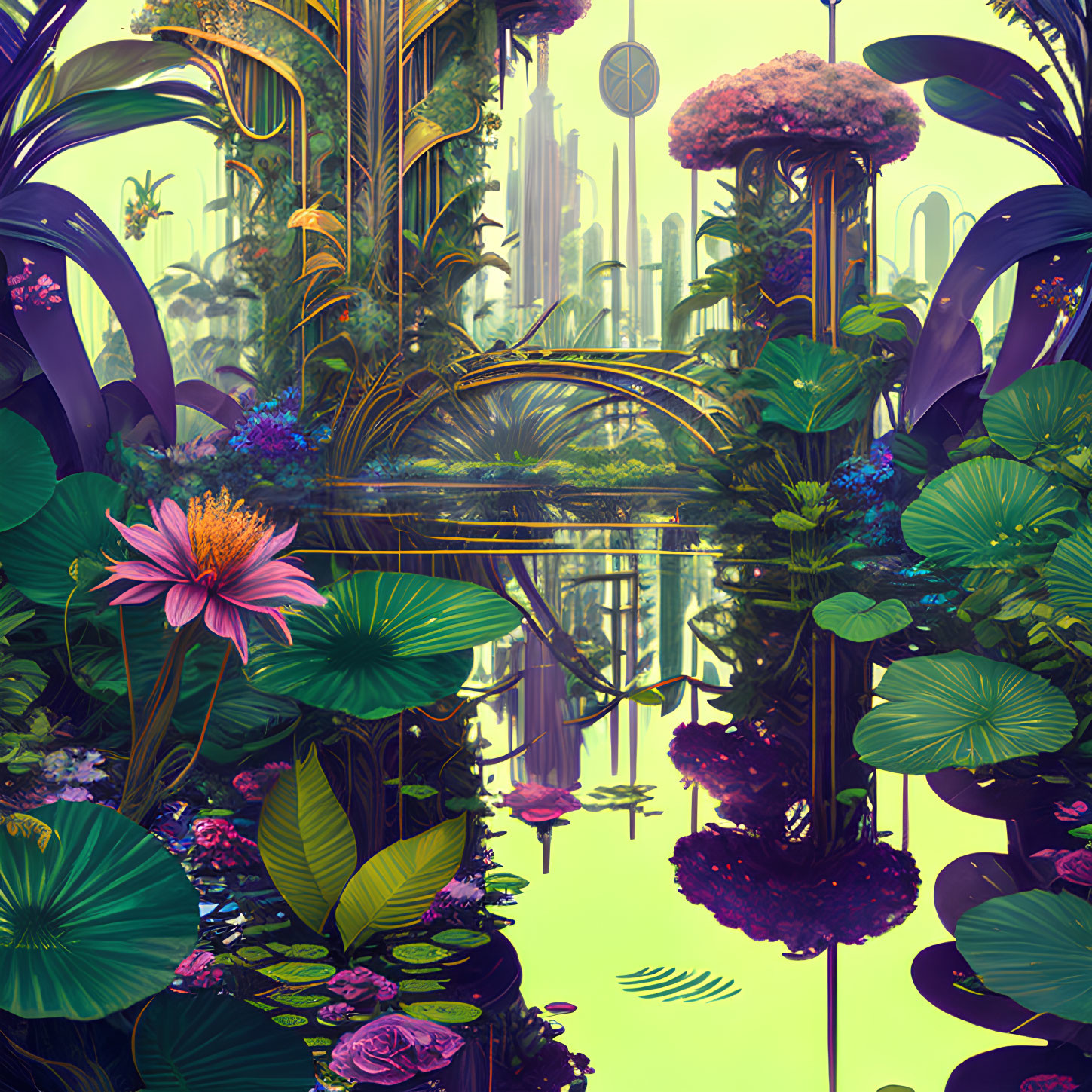 Futuristic garden illustration with lush foliage and metallic towers