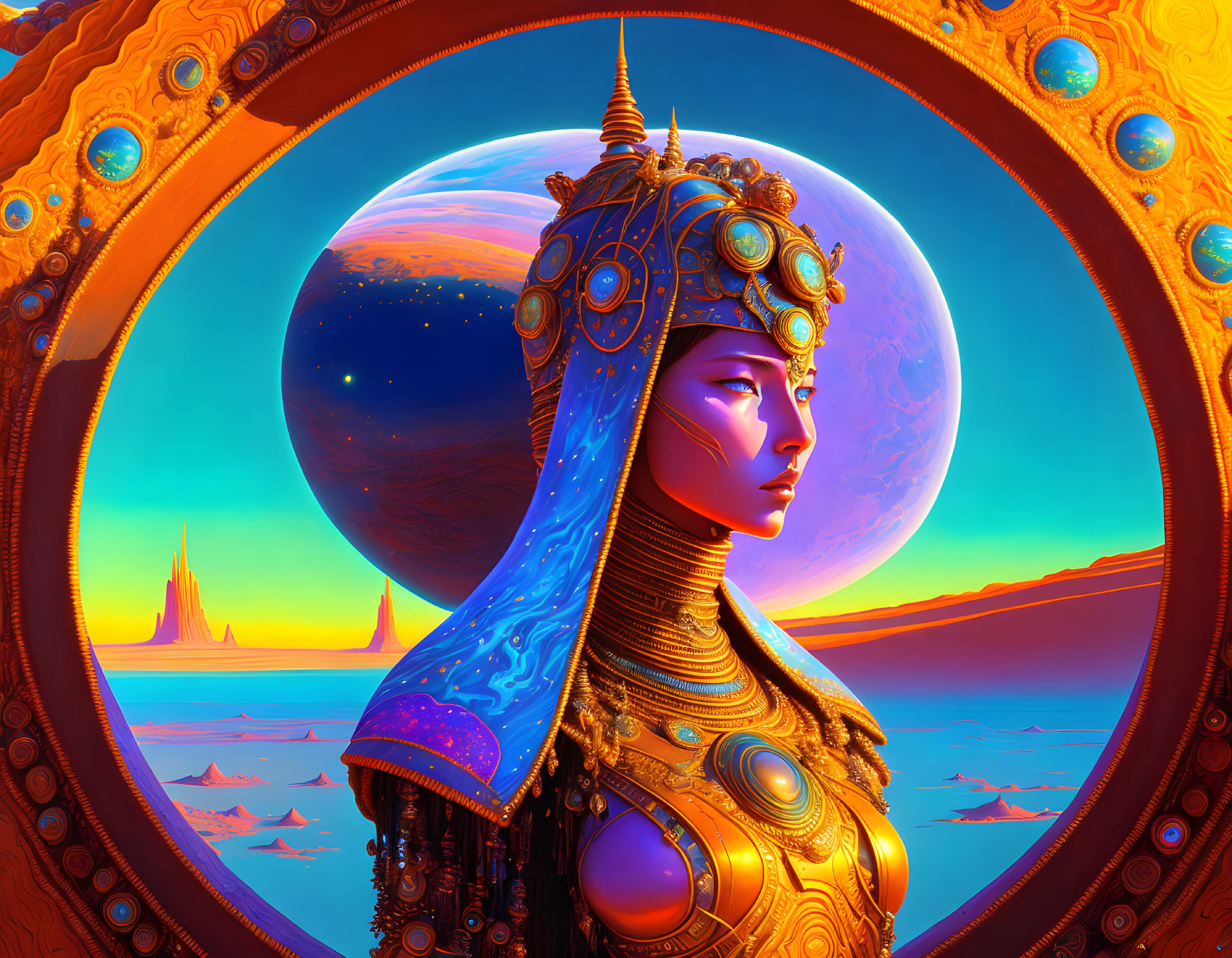 Futuristic portrait of woman with elaborate headgear on alien landscape