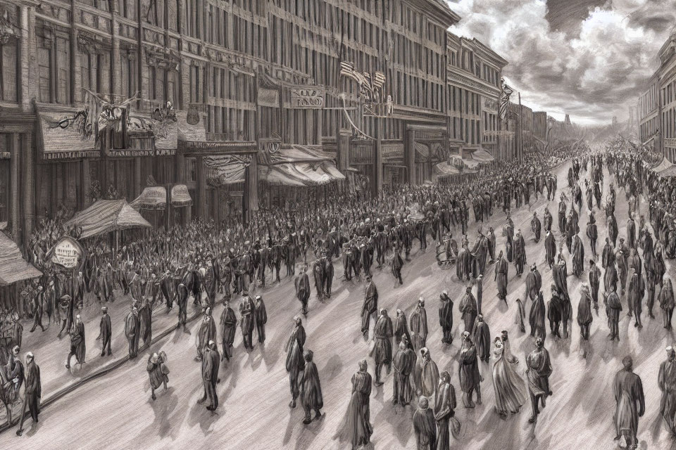 Monochrome sketch of historic parade with crowds and American flags