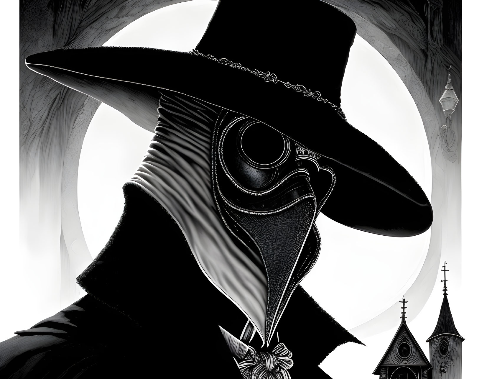 Silhouette of person in plague doctor costume with beaked mask and hat against swirling backdrop.